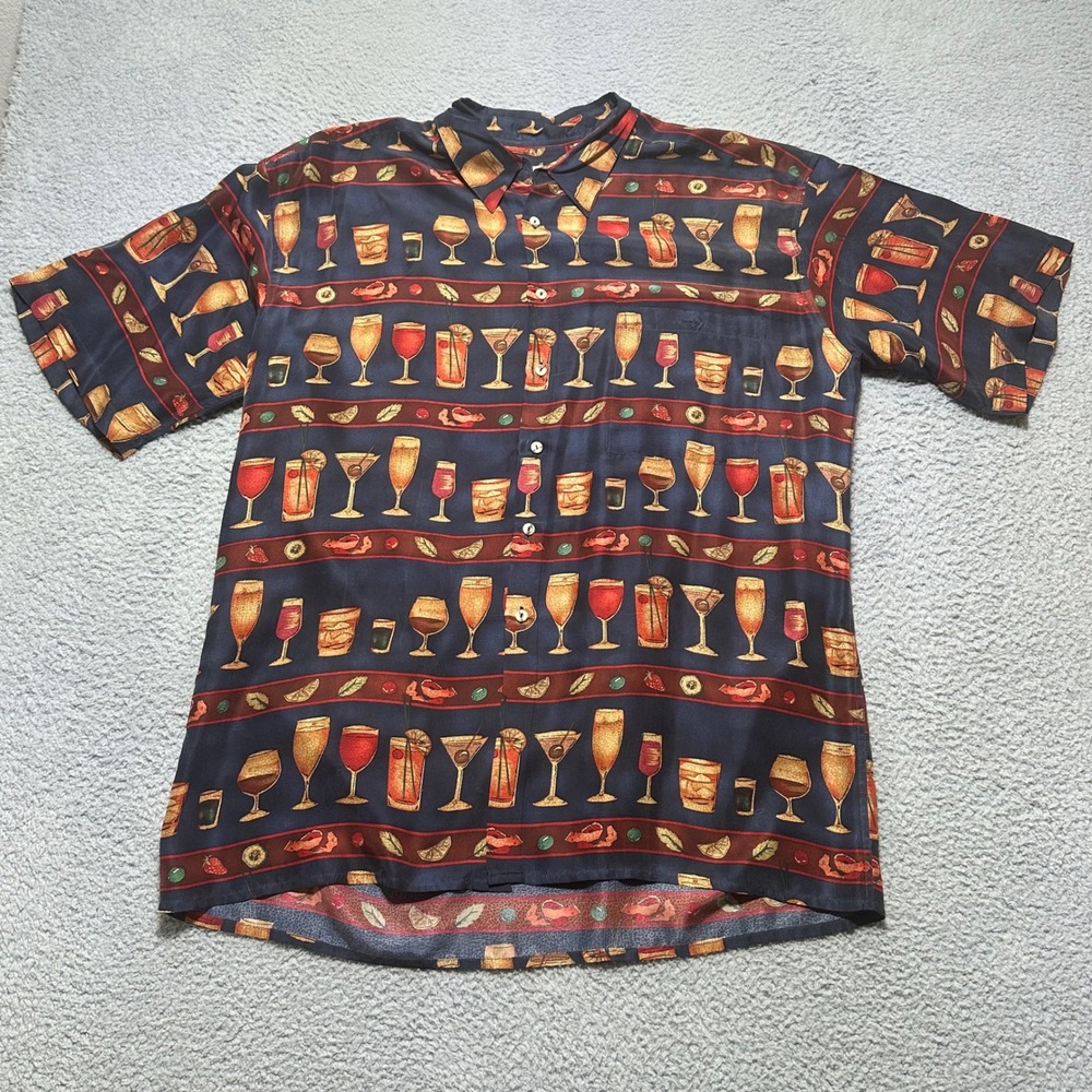 Burma Bibas Mens XL Silk Cocktail lounge Drink Print Short Sleeve Button‎ Up
